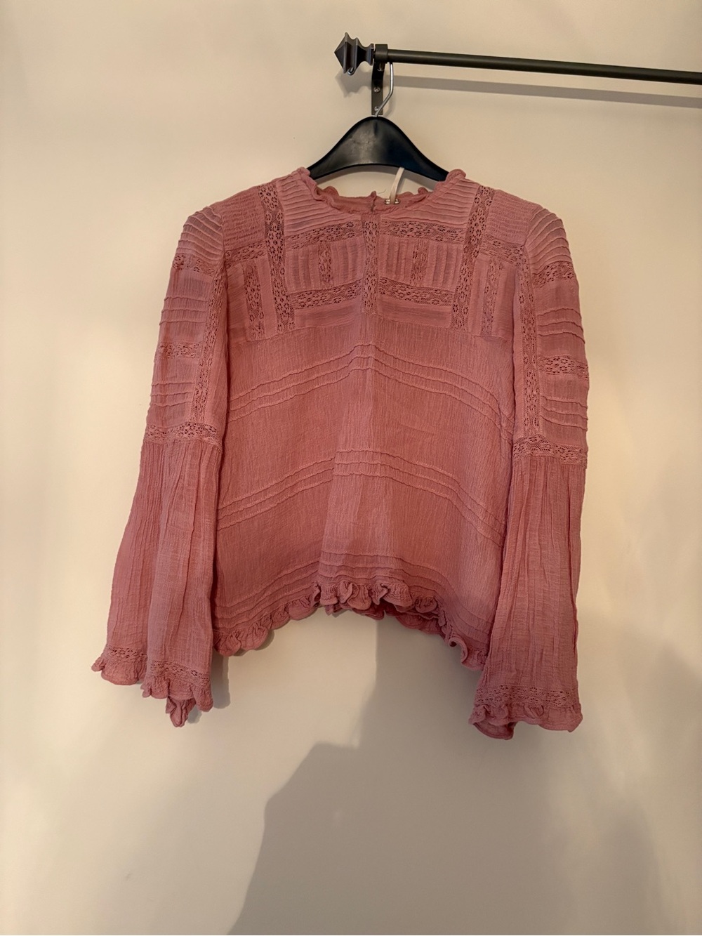 People Blush Pink Lace Trim Boho Peasant Top Size Small